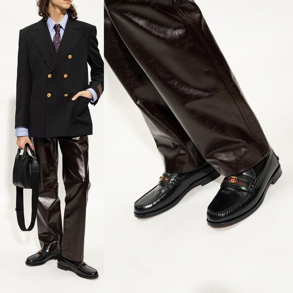 GUCCI SHOES MENS LOAFERS WEB BIT-STRAP G LOGO BLACK LEATHER sz 12.5 US 13 - Picture 3 of 15